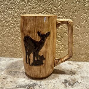 Vintage Mug Coffee Cup Deer Buck Doe Relief MCM 1980 3 Dimensional 3D wood 1st